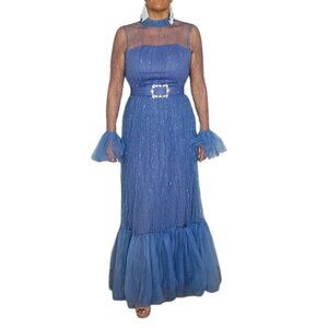 Women's Blue Tulle Evening Gown with Sheer Sleeves Rhinestone Belt Size S